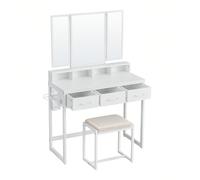 Coiffeuse, Table de Maquillage avec Tabouret Rembourré, avec Miroir Triple, 3 Tiroirs, Porte-sèche-Cheveux, Pot, Style Industriel, Blanc [Multiples Espaces] 1 espace rehaussé pour les parfums, 4 casie
