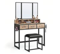Coiffeuse, Table de Maquillage avec Tabouret Rembourré, avec Miroir Triple, 3 Tiroirs, Porte-sèche-Cheveux, Pot, Style Industriel, Marron Boisé et Noir [Multiples Espaces] 1 espace rehaussé pour les p