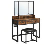 Coiffeuse, Table de Maquillage avec Tabouret Rembourré, avec Miroir Triple, 3 Tiroirs, Porte-sèche-Cheveux, Pot, Style Industriel, Marron Rustique et Noir [Multiples Espaces] 1 espace rehaussé pour le