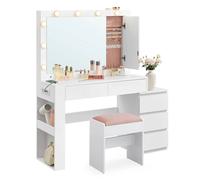 Coiffeuse, Table De Maquillage Avec Tiroir, Tabouret, Avec Éclairage Led Et Miroir, Armoire À Bijoux, Multiprise, 40 X 125 X 140 Cm, Conception Moderne, Blanc Nuage Et Rose Bonbon