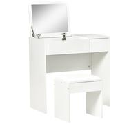 Coiffeuse Table De Maquillage Design Contemporain 80l X 40l X 79h Cm Miroir Escamotable, Tiroir, Coffre + Blanc