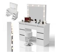Coiffeuse Talea avec miroir LED et tabouret Tonia - Table de maquillage avec rangement, meuble beauté chambre