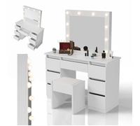Coiffeuse Talea avec miroir LED + tabouret Melly - Table de maquillage blanche avec 7 tiroirs, éclairage réglable
