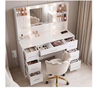 Coiffeuse - TECTAKE - Meuble CHARLOTTE avec miroir et éclairage LED prise intégrée 7 tiroirs 4 étagères ouvertes - Blanc