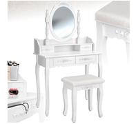 Coiffeuse - TECTAKE - Meuble coiffeuse vintage pour maquillage avec miroir 4 tiroirs fleuris et tabouret 75 x 40 x 143 cm - Blanc
