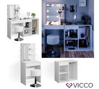 Vicco Coiffeuse Isabelle, Blanc, 140 cm avec LED, Tabouret et Armoire