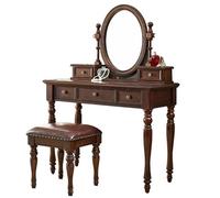 Coiffeuse Vintage Avec Miroir Et Tabouret Coiffeuse En Bois D'hévéa Massif Avec Tiroirs Ensemble De Coiffeuse Classique Avec Miroir Ovale Élégante Finition Bois Foncé Pour Chambre À Coucher Coiffeuse(