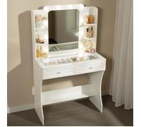 Coiffeuse WOLTU - Eclairage LED réglable - Plateau spacieux verre transparent - 2 tiroirs et 6 compartiment ouverts - Blanc