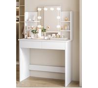WOLTU Coiffeuse avec Miroir LED à Luminosité Réglable, Coiffeuse avec Rangement, 2 Tiroirs & 4 Étagères, Table de Maquillage Blanche en Bois, Meuble Chambre Style Moderme, Blanc