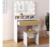 IDMarket Coiffeuse Zelia Blanc et hêtre – Miroir LED, 4 niches, 1 tiroir et tabouret