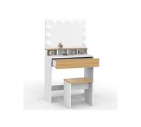 IDMarket - Coiffeuse Zelia Blanc et hêtre Miroir LED avec 4 niches, 1 tiroir et Tabouret