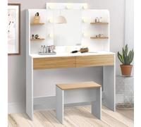 IDMarket – Coiffeuse Zelia – Blanc et hêtre, 4 étagères, miroir LED avec tabouret