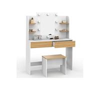 IDMarket – Coiffeuse Zelia – Blanc et hêtre, 4 étagères, miroir LED avec tabouret