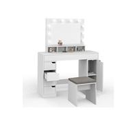 IDMarket - Coiffeuse Zelia Blanche Miroir LED avec 4 niches, 5 tiroirs, 1 Caisson de Rangement et Tabouret rembourré