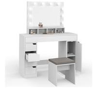 IDMarket Coiffeuse ZELIA blanche – miroir LED, 4 niches, 5 tiroirs, caisson et tabouret – Blanc G