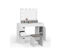 IDMarket Coiffeuse ZELIA blanche – miroir LED, 4 niches, 5 tiroirs, caisson et tabouret – Blanc G