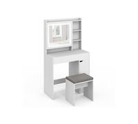 IDMARKET Coiffeuse ZELIA blanche miroir LED avec rangement, 1 tiroir, 1 caisson de rangement et tabouret rembourré