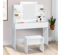Coiffeuse ZELIA blanche table de maquillage 4 étagères, miroir LED et tabouret