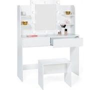 IDMarket - Coiffeuse Zelia Blanche Table de Maquillage 4 étagères, Miroir LED et Tabouret