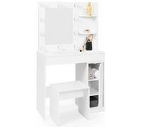 IDMARKET Coiffeuse ZELIA miroir LED avec 1 tiroir, étagères, caisson de rangement et tabouret