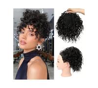 Coiffure Chignon bouclé en désordre, chouchous, postiche queue de cheval synthétique bouclée courte ondulée avec cordon de serrage Utilisation quotidienne(Natural Black)