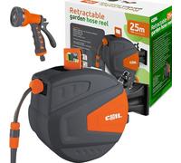 COIL Enrouleur de tuyau d'arrosage automatique, montage mural, Smart Stop, 9 fonctions de pulvérisation, pistolet pulvérisateur, tuyau d'alimentation de 2 m, (25 m)