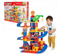 COIL Parking de voiture pour enfants avec lave-auto, grue et ascenseur - Kit de jeu robuste pour enfants à partir de 3 ans - Jouet interactif avec station-service - Grand garage de jeu créatif (110