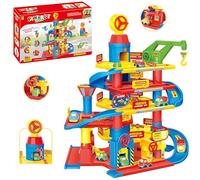 COIL Parking de voiture pour enfants avec lave-auto, grue et ascenseur - Kit de jeu robuste pour enfants à partir de 3 ans - Jouet interactif avec station-service - Grand garage de jeu créatif (90