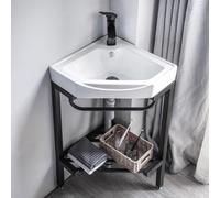 Coin Salle De Bain en Céramique Vanity Lavabo Console Piédestal Station De Cuve à Lessive Lavage des Mains Autoportant Lavabos en Porcelaine Vasque Rectangle avec Pieds en Métal Support Van
