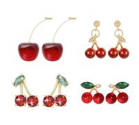 Coiris Lot de 4 boucles d'oreilles pendantes en forme de cerises pour femme - Plaqué or 18 carats - Style vintage - En forme de feuille de cristal 3D