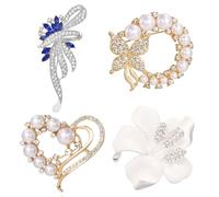 Coiris Lot de 4 broches pour femme avec perles en cristal, argent, or, strass, fleur, cœur, trèfle à quatre feuilles, cygne, broche de mariée pour mariage, strass, perles, Pas de pierre précieuse