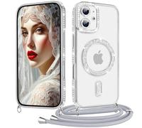 Coiwxmoi Coque pour iPhone 12 avec Cordon Collier, Paillettes Bling Luxe Diamant Case, Magnétique Transparente Glitter Etui Housse avec Lanière Chaine Réglable, Amovible, Antichoc Cover, Argent
