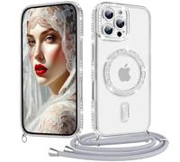 Coiwxmoi Coque pour iPhone 12 Pro avec Cordon Collier, Paillettes Bling Luxe Diamant Case, Magnétique Transparente Glitter Etui Housse avec Lanière Chaine Réglable, Amovible, Antichoc Cover, Argent