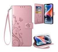 Coiwxmoi Coque pour iPhone 14 + 1 Verre Trempé, Retro Design Housse Premium en Cuir PU Pochette de Portefeuille pour Porte Cartes Fonction Stand Flip Etui pour iPhone 14, Gold