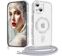 Coiwxmoi Coque pour iPhone 15 avec Cordon Collier, Paillettes Bling Luxe Diamant Case, Magnétique Transparente Glitter Etui Housse avec Lanière Chaine Réglable, Amovible, Antichoc Cover, Argent