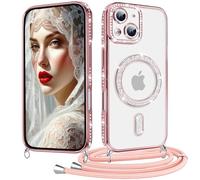 Coiwxmoi Coque pour iPhone 15 avec Cordon Collier, Paillettes Bling Luxe Diamant Case, Magnétique Transparente Glitter Etui Housse avec Lanière Chaine Réglable, Amovible, Antichoc Cover, Rose