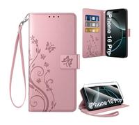 Coiwxmoi Coque pour iPhone 16 Pro + 1 Verre Trempé, Retro Design Housse Premium en Cuir PU Pochette de Portefeuille pour Porte Cartes Fonction Stand Flip Etui pour iPhone 16 Pro, Gold