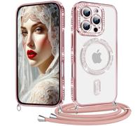 Coiwxmoi Coque pour iPhone 16 Pro Max avec Cordon Collier, Paillettes Bling Luxe Diamant Case, Magnétique Transparente Glitter Etui Housse avec Lanière Chaine Réglable, Amovible, Antichoc Cover, Rose