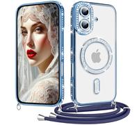 Coiwxmoi Coque pour iPhone 17 avec Cordon Collier, Paillettes Bling Luxe Diamant Case, Magnétique Transparente Glitter Etui Housse avec Lanière Chaine Réglable, Amovible, Antichoc Cover, Bleu