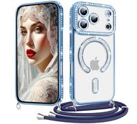 Coiwxmoi Coque pour iPhone 17 Pro avec Cordon Collier, Paillettes Bling Luxe Diamant Case, Magnétique Transparente Glitter Etui Housse avec Lanière Chaine Réglable, Amovible, Antichoc Cover, Bleu