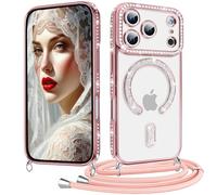 Coiwxmoi Coque pour iPhone 17 Pro avec Cordon Collier, Paillettes Bling Luxe Diamant Case, Magnétique Transparente Glitter Etui Housse avec Lanière Chaine Réglable, Amovible, Antichoc Cover, Rose
