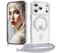 Coiwxmoi Coque pour iPhone 17 Pro Max avec Cordon Collier, Paillettes Bling Luxe Diamant Case, Magnétique Transparente Glitter Etui Housse avec Lanière Chaine Réglable, Amovible, Antichoc Cover Argent