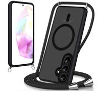 Coiwxmoi Coque pour Samsung Galaxy A35 avec Cordon de Collier, [Compatibel mit Magsafe] Magnétique Antichoc Translucide Mat Arrière Housse avec Corde Réglable Téléphone Étui Portable Lanyard Case-Noir