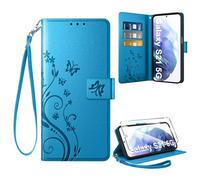Coiwxmoi Coque pour Samsung Galaxy S21 5G + 1 Verre Trempé, Retro Design Housse Premium en Cuir PU Pochette de Portefeuille pour Porte Cartes Fonction Stand Flip Etui pour Samsung S21, Bleu