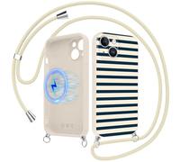 Coiwxmoi Striped Magnétique Coque Handykette pour iPhone 16 Pro Max avec Cordon, Aesthetic Bleu Rayée Motif Étui Case, Compatible avec MagSafe,Silicone Housse avec Lanyard pour iPhone 16 Pro Max 6.9"
