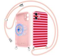 Coiwxmoi Striped Magnétique Coque Handykette pour iPhone 17 Pro max avec Cordon, Aesthetic Rouge Rayée Motif Étui Case, Compatible avec MagSafe,Silicone avec Réglable Lanyard pour iPhone 17Promax 6,9"