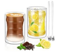 Cokaca 2 Tasse a Cafe Double Paroi, 400ML Tasse Double Paroi, Verre Strié, avec 2 Cuillères et 1 Sous-Verres, Ensemble de Verre Double Paroi pour Café, Jus, Latte Cappuccino