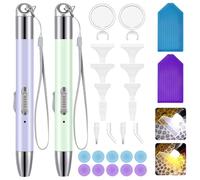 CoKeeSun 2 Stylos pour Peinture Diamant avec Lumières,LED Diamond Painting Accessoires, Rechargeable 5D Pinceaux Diamantés de USB,10 Argile de Colle, 12 Têtes de Rechange,2 Loupe,2 Pad Protecteur
