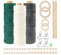 CoKeeSun 3 Pièces 100% Fil Macramé en Coton Naturel de Qualité Supérieure 2mmx180m avec Anneaux en Bois,Bâtons,Perles,Porte-Clés,pour Bricolage, Artisanat, Tapisserie,Décoration Boho(Beige,Vert,Gris)