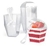 CoKeeSun 60 Pièces Tasses à Dessert avec Couvercles & Cuillères, Verrine Plastique Gobelets à Dessert Carrés 200ml/7oz, pour Pudding, Mousse, CrèMe Glacée, Anniversaire, Mariages